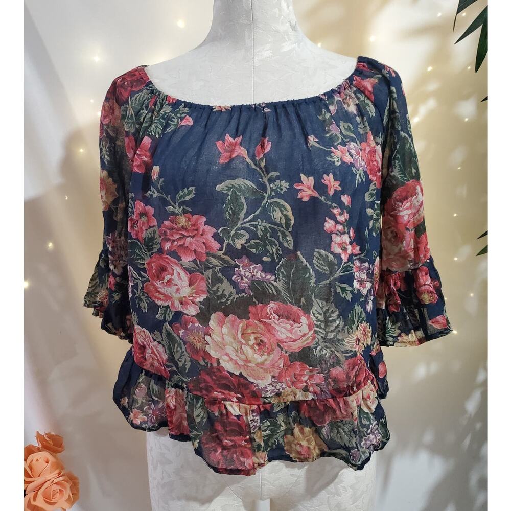 Denim & Supply Ralph Lauren Floral Sheer Ruffle Boxy Oversized Crop Top Size XS